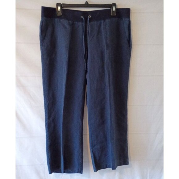 Talbots Women's Blue Linen Wide Leg Crop Pants Size L Drawstring Waist - Picture 1 of 6